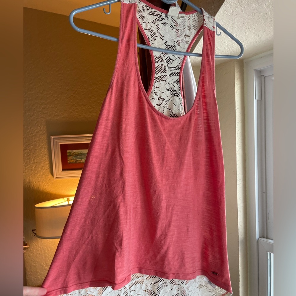 Roxy size large coral colored tank with cream lace open back